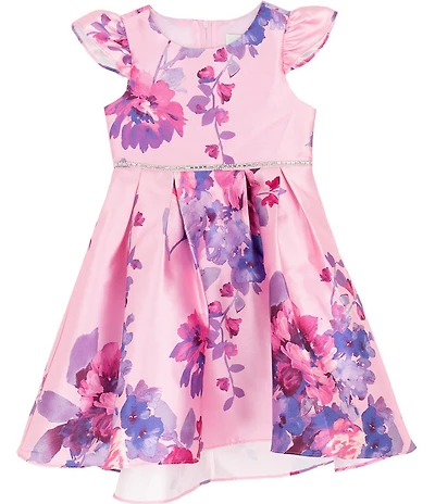 Rare Editions Little Girls Flutter Sleeve Floral Printed High-Low Hem Mikado Dress