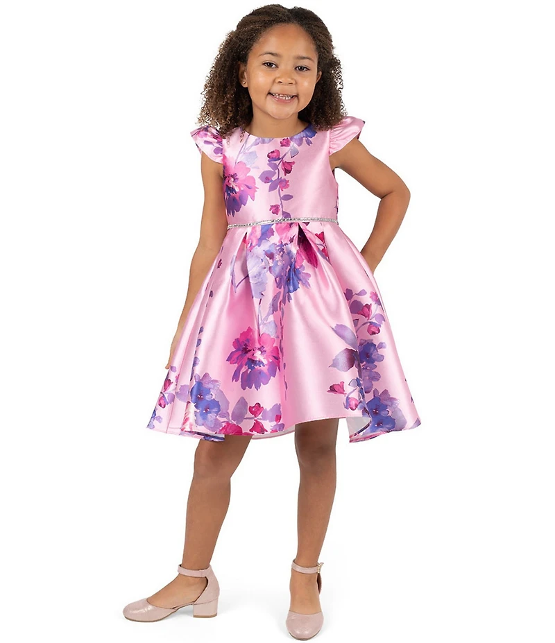 Rare Editions Little Girls Flutter Sleeve Floral Printed High-Low Hem Mikado Dress