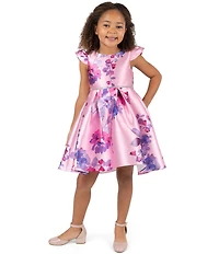 Rare Editions Little Girls Flutter Sleeve Floral Printed High-Low Hem Mikado Dress