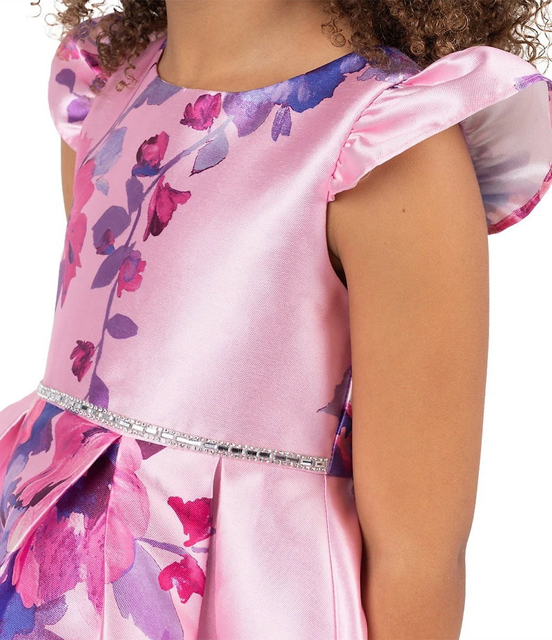 Rare Editions Little Girls Flutter Sleeve Floral Printed High-Low Hem Mikado Dress