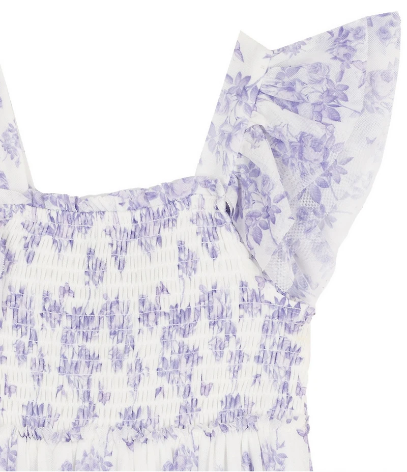 Rare Editions Little Girls Flutter Sleeve Floral Toile Printed Mesh Midi Dress