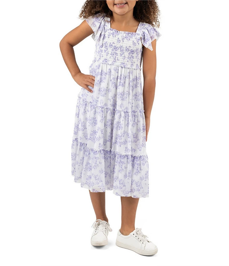 Rare Editions Little Girls Flutter Sleeve Floral Toile Printed Mesh Midi Dress