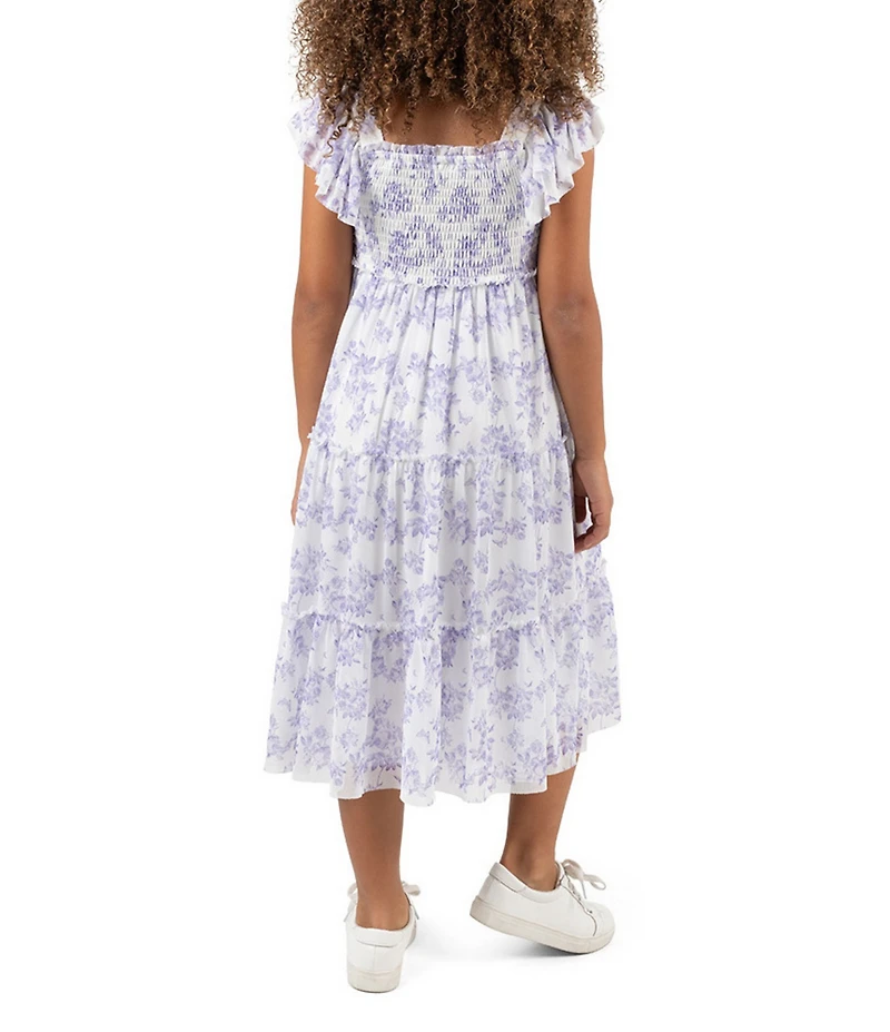 Rare Editions Little Girls Flutter Sleeve Floral Toile Printed Mesh Midi Dress
