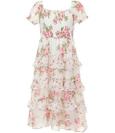 Rare Editions Little Girls Puff Sleeve Smocked Bodice Floral-Twin-Print Tiered Ruffle Maxi Dress