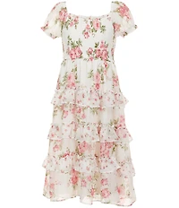 Rare Editions Little Girls Puff Sleeve Smocked Bodice Floral-Twin-Print Tiered Ruffle Maxi Dress