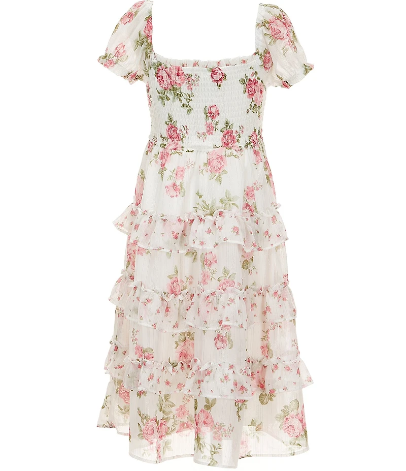 Rare Editions Little Girls Puff Sleeve Smocked Bodice Floral-Twin-Print Tiered Ruffle Maxi Dress