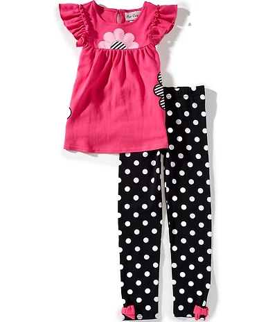 Rare Editions Little Girls Flutter-Sleeve Flower-Appliqued Tunic Top & Large-Dot Leggings Set