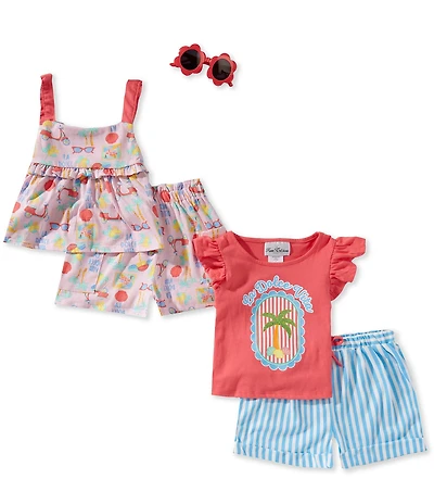Rare Editions Little Girls Flutter Sleeve Palm Tree Graphic T-Shirt & Printed Tank Top & Striped and Printed Shorts 4-Piece Set
