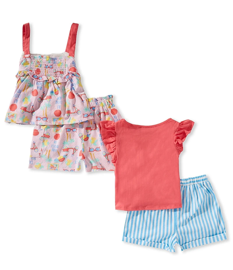Rare Editions Little Girls Flutter Sleeve Palm Tree Graphic T-Shirt & Printed Tank Top & Striped and Printed Shorts 4-Piece Set