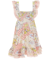 Rare Editions Little Girls Flutter-Sleeve Postcard-Printed Double-Knit Dress