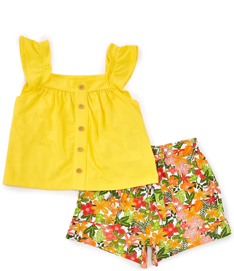 Rare Editions Little Girls Flutter-Sleeve Solid Tank Top & Floral-Printed Shorts Set