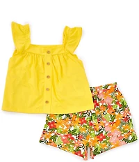 Rare Editions Little Girls Flutter-Sleeve Solid Tank Top & Floral-Printed Shorts Set