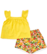 Rare Editions Little Girls Flutter-Sleeve Solid Tank Top & Floral-Printed Shorts Set