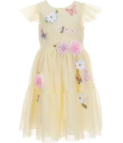 Rare Editions Little Girls Flutter Sleeve Three Dimensional Flower Butterfly Appliqued Fit-And-Flare Dress