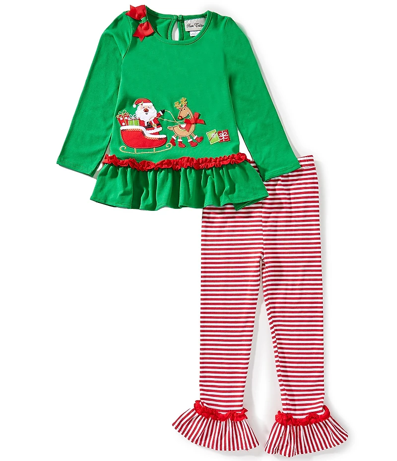 Rare Editions Little Girls Green Santa Sleigh Applique Top And Stripe Leggings Set
