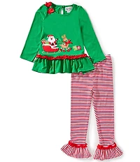 Rare Editions Little Girls Green Santa Sleigh Applique Top And Stripe Leggings Set