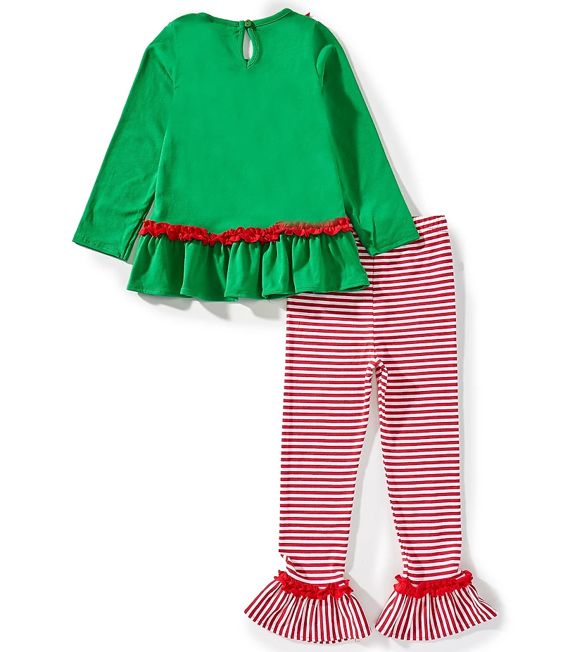Rare Editions Little Girls Green Santa Sleigh Applique Top And Stripe Leggings Set
