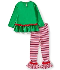 Rare Editions Little Girls Green Santa Sleigh Applique Top And Stripe Leggings Set