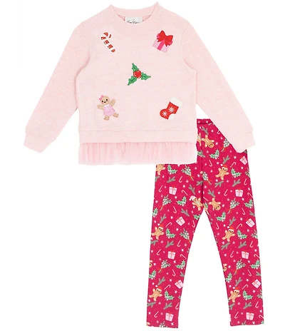 Rare Editions Little Girls Hacchi Christmas Patches With Ruffle Hem Top and Christmas Printed Leggings Set