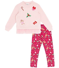 Rare Editions Little Girls Hacchi Christmas Patches With Ruffle Hem Top and Christmas Printed Leggings Set