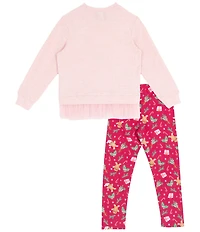 Rare Editions Little Girls Hacchi Christmas Patches With Ruffle Hem Top and Christmas Printed Leggings Set