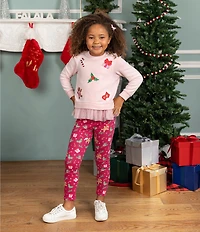 Rare Editions Little Girls Hacchi Christmas Patches With Ruffle Hem Top and Christmas Printed Leggings Set