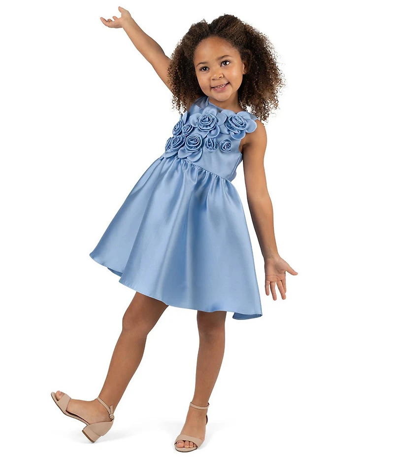 Rare Editions Little Girls Illusion-Mesh-Yoke Rosette-Appliqued Mikado Fit-And-Flare Dress
