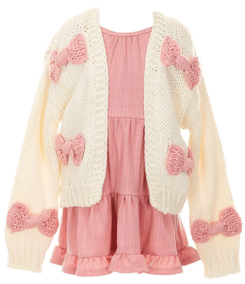 Rare Editions Little Girls Long-Sleeve Bow-Accented Chunky-Knit Cardigan & Sleeveless Textured-Knit Fit-And-Flare Dress Set