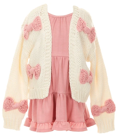 Rare Editions Little Girls Long-Sleeve Bow-Accented Chunky-Knit Cardigan & Sleeveless Textured-Knit Fit-And-Flare Dress Set