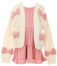 Rare Editions Little Girls Long-Sleeve Bow-Accented Chunky-Knit Cardigan & Sleeveless Textured-Knit Fit-And-Flare Dress Set