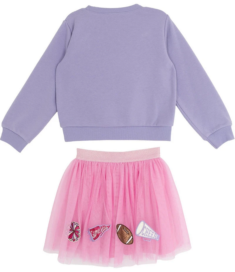 Rare Editions Little Girls Long-Sleeve Cheer French Terry Sweatshirt & Printed Mesh Tutu Skirt Set