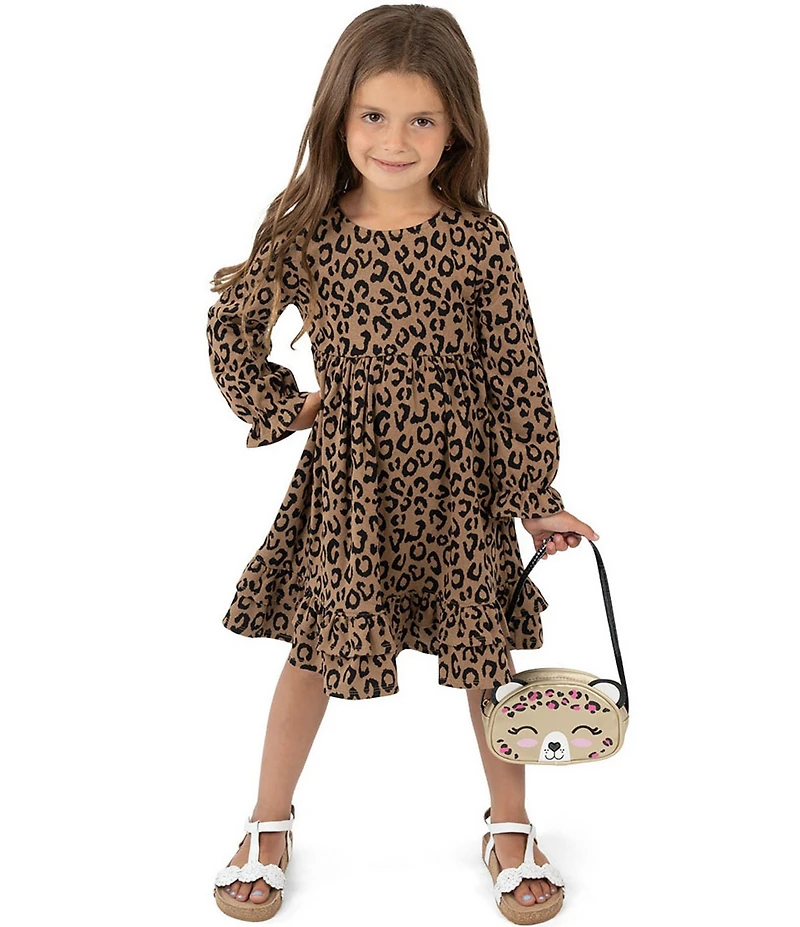 Rare Editions Little Girls Long-Sleeve Cheetah-Printed Knit Fit-And-Flare Dress