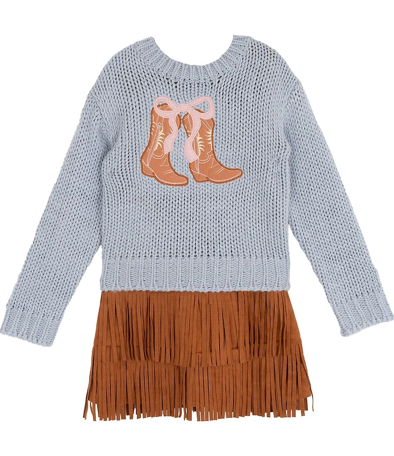 Rare Editions Little Girls Long-Sleeve Cowboy-Boot-Appliqued Sweater & Short-Sleeve Fringed-Hem Dress