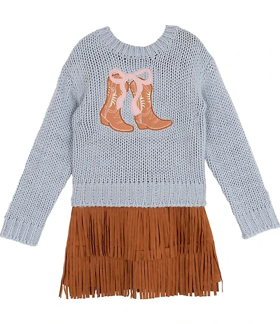 Rare Editions Little Girls Long-Sleeve Cowboy-Boot-Appliqued Sweater & Short-Sleeve Fringed-Hem Dress