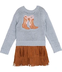 Rare Editions Little Girls Long-Sleeve Cowboy-Boot-Appliqued Sweater & Short-Sleeve Fringed-Hem Dress