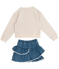 Rare Editions Little Girls Long-Sleeve Cowboy Boots Sweatshirt & Lace-Trim Asymmetrical Denim Skirt