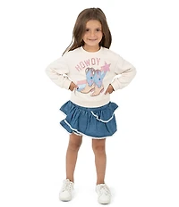 Rare Editions Little Girls Long-Sleeve Cowboy Boots Sweatshirt & Lace-Trim Asymmetrical Denim Skirt