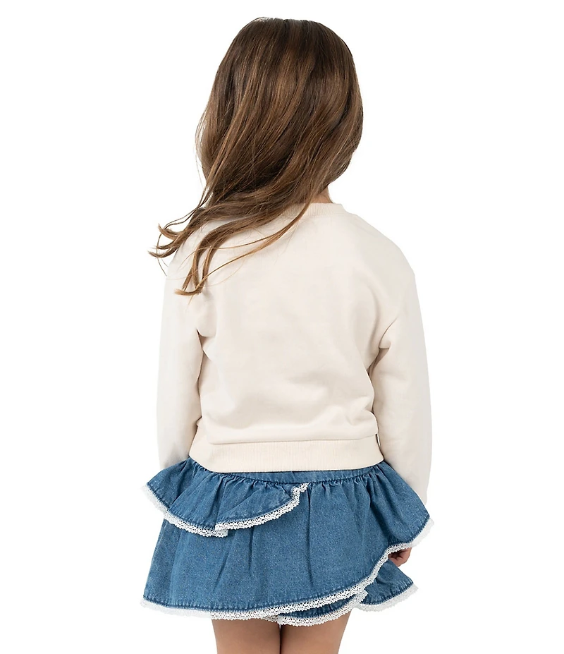 Rare Editions Little Girls Long-Sleeve Cowboy Boots Sweatshirt & Lace-Trim Asymmetrical Denim Skirt