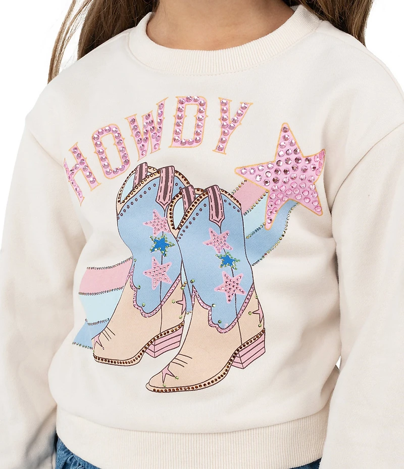 Rare Editions Little Girls Long-Sleeve Cowboy Boots Sweatshirt & Lace-Trim Asymmetrical Denim Skirt