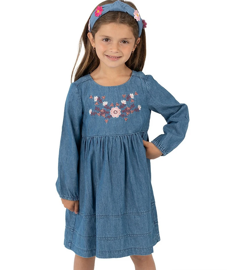 Rare Editions Little Girls Long-Sleeve Embroidered-Yoke Denim Fit-And-Flare Dress