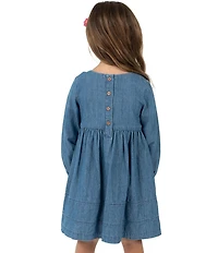 Rare Editions Little Girls Long-Sleeve Embroidered-Yoke Denim Fit-And-Flare Dress