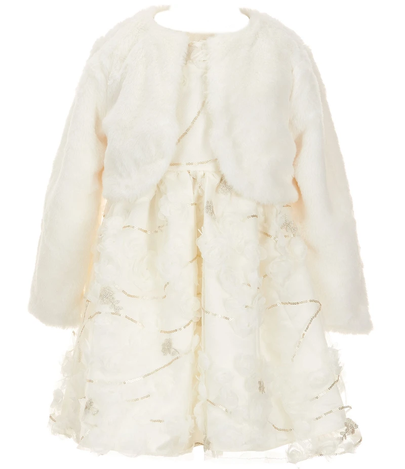 Rare Editions Little Girls Long-Sleeve Faux-Fur Bolero Jacket & Sleeveless Illusion-Bodice Soutache-Detailed Fit-And-Flare Dress
