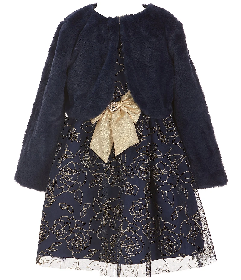 Rare Editions Little Girls Long-Sleeve Faux-Fur Shrug & Sleeveless Glitter-Accented Floral Lame Metallic Fit-And-Flare Dress Set