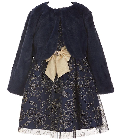 Rare Editions Little Girls Long-Sleeve Faux-Fur Shrug & Sleeveless Glitter-Accented Floral Lame Metallic Fit-And-Flare Dress Set
