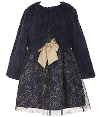 Rare Editions Little Girls Long-Sleeve Faux-Fur Shrug & Sleeveless Glitter-Accented Floral Lame Metallic Fit-And-Flare Dress Set