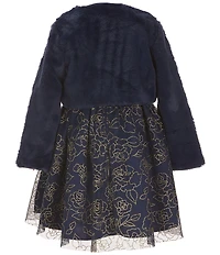 Rare Editions Little Girls Long-Sleeve Faux-Fur Shrug & Sleeveless Glitter-Accented Floral Lame Metallic Fit-And-Flare Dress Set