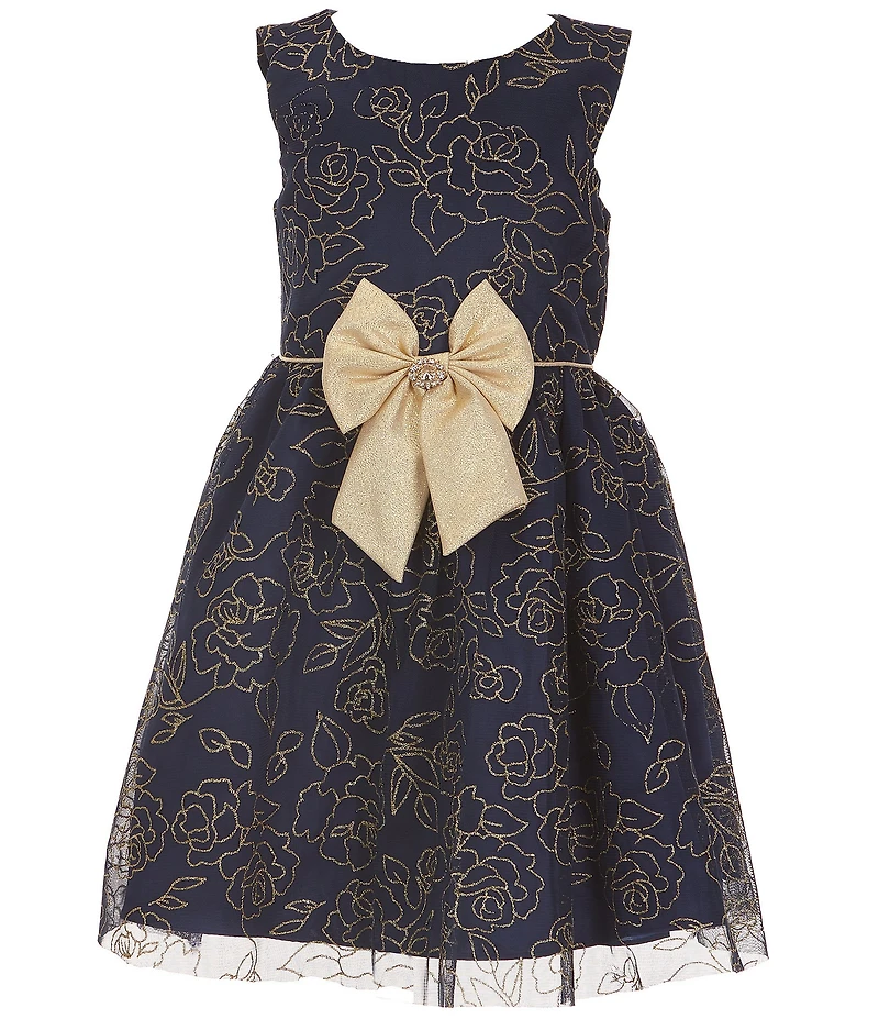 Rare Editions Little Girls Long-Sleeve Faux-Fur Shrug & Sleeveless Glitter-Accented Floral Lame Metallic Fit-And-Flare Dress Set