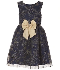 Rare Editions Little Girls Long-Sleeve Faux-Fur Shrug & Sleeveless Glitter-Accented Floral Lame Metallic Fit-And-Flare Dress Set