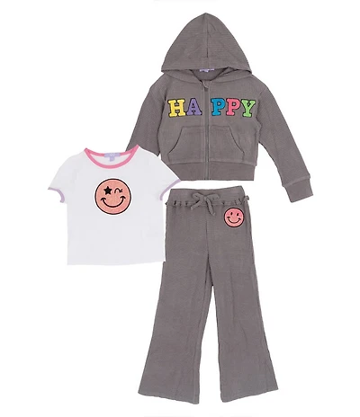 Rare Editions Little Girls Long-Sleeve Fleece Hooded Waffle-Knit Jacket & Matching Jogger Pants & Short-Sleeve T-Shirt Set