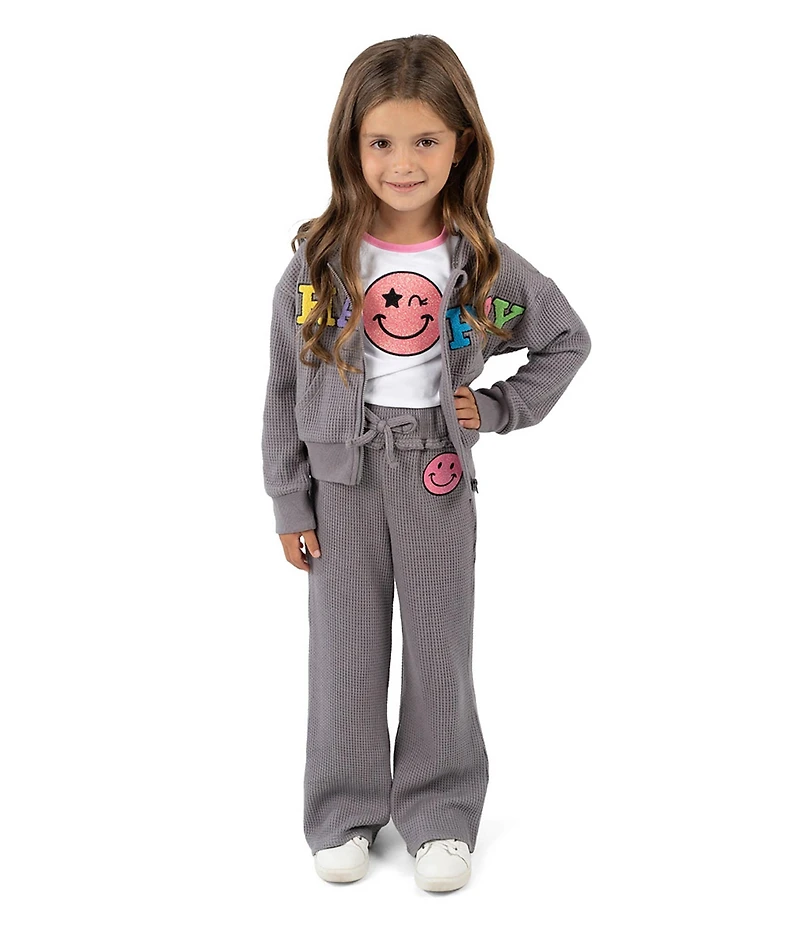 Rare Editions Little Girls Long-Sleeve Fleece Hooded Waffle-Knit Jacket & Matching Jogger Pants & Short-Sleeve T-Shirt Set